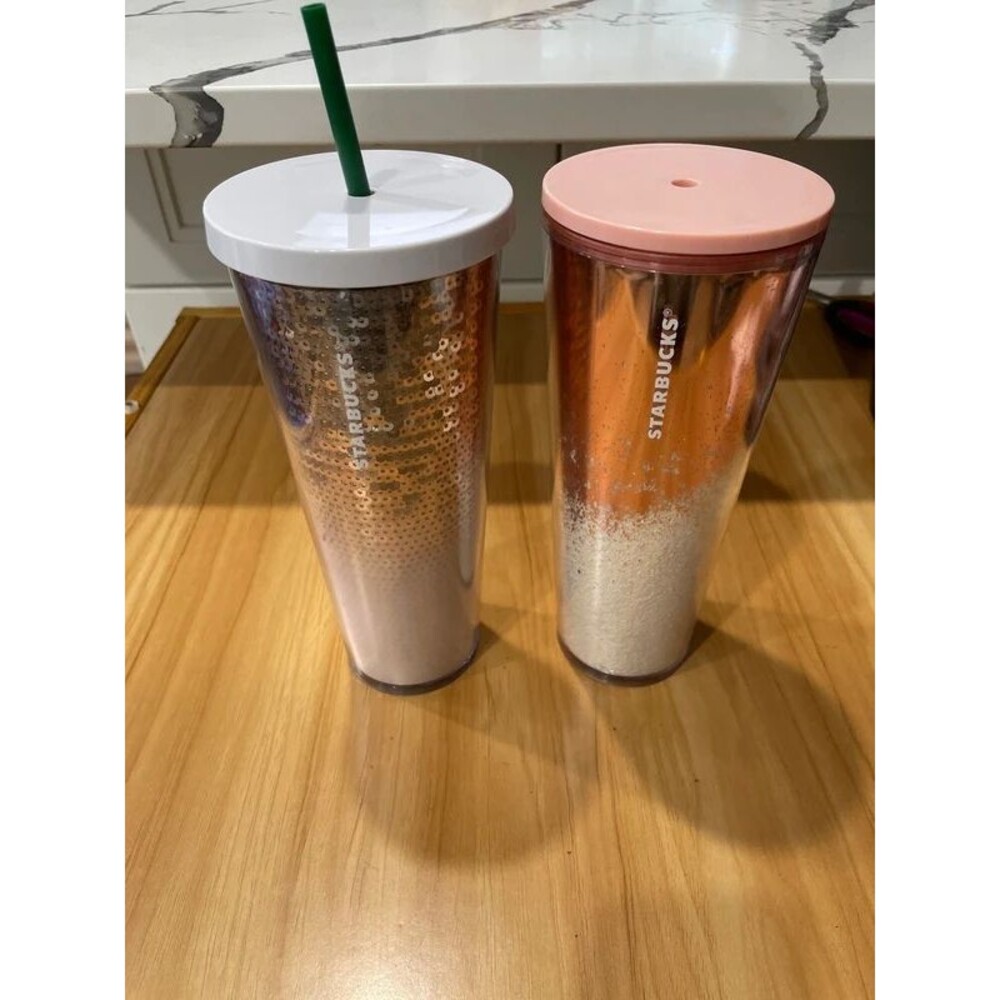 Starbucks Rose Gold Tumbler Lot (2) - 2018 Sequin & 2019 Cascading Snow 24oz